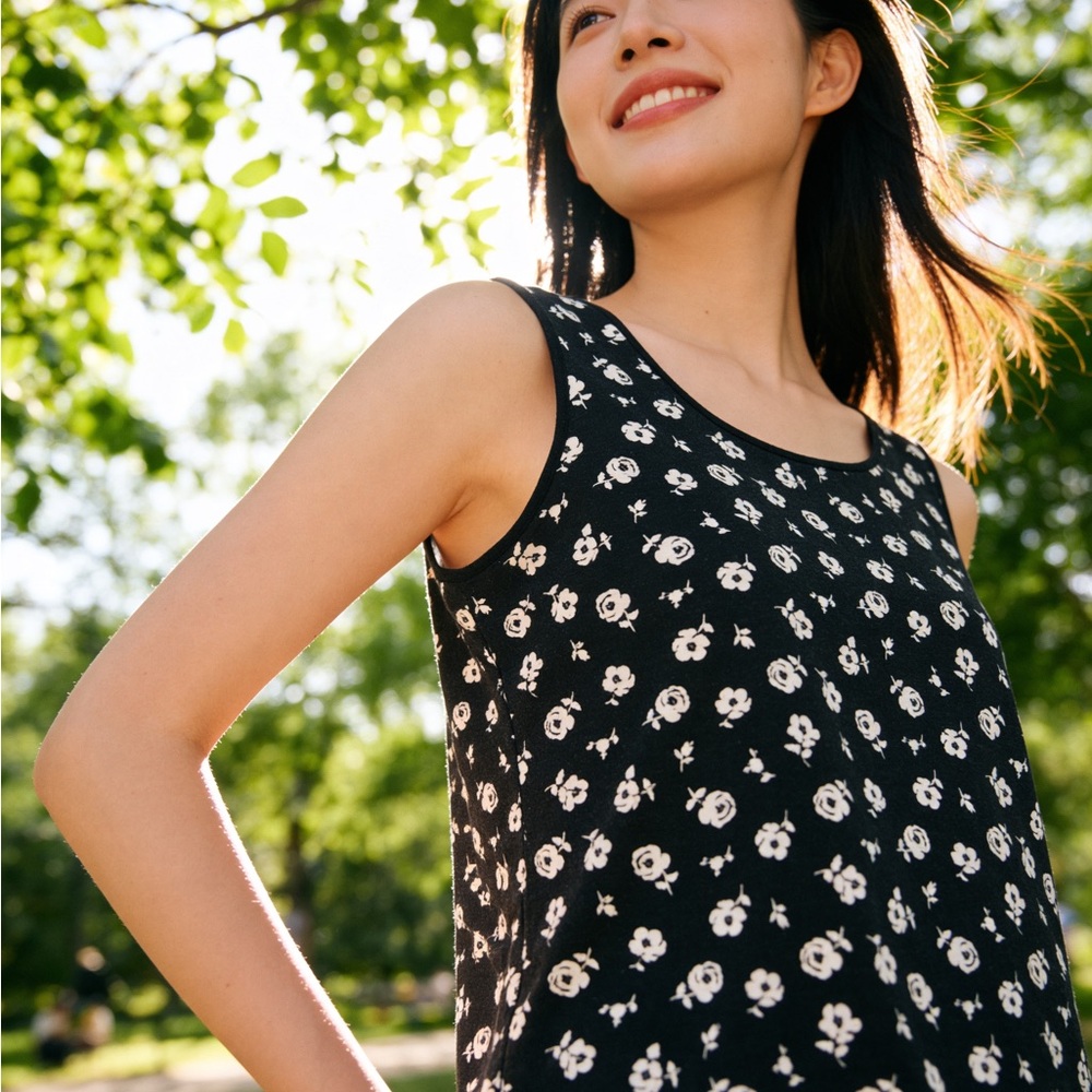 White Stag Black Floral Tank Top with White Print